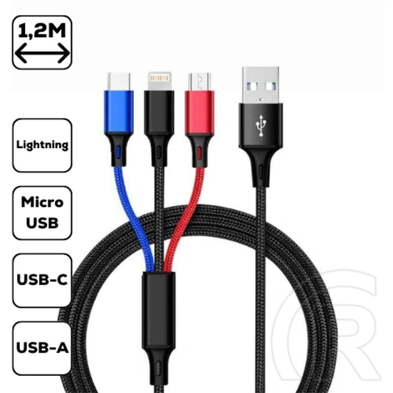 Cellect 3in1 Lightning/Micro-USB/USB-C töltő- és adatkábel 1.2 m (fekete, USB-A)