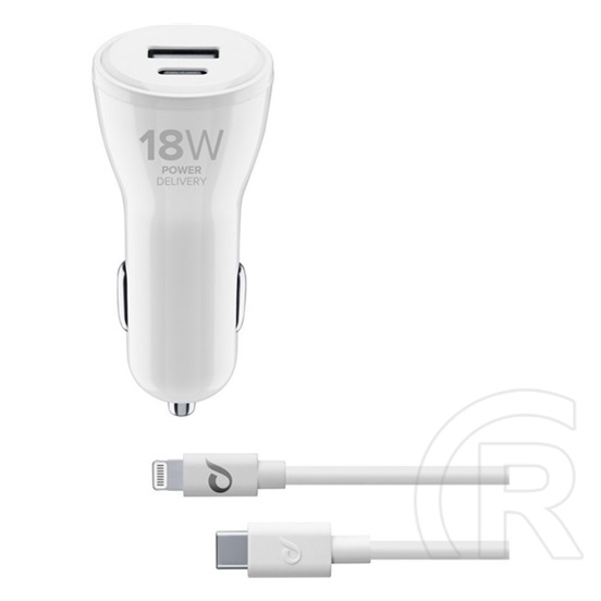 Cellularline  autós töltő usb / type-c aljzat (5v / 3000 ma, 18+12w, gyorstöltés + type-c - lightning 8pin kábel) fehér