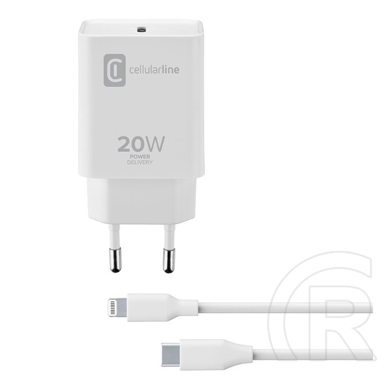 Cellularline  hálózati töltő type-c aljzat (5v/3000 ma, 20w, pd gyorstöltés tám. + type-c - lightning 8pin kábel) fehér