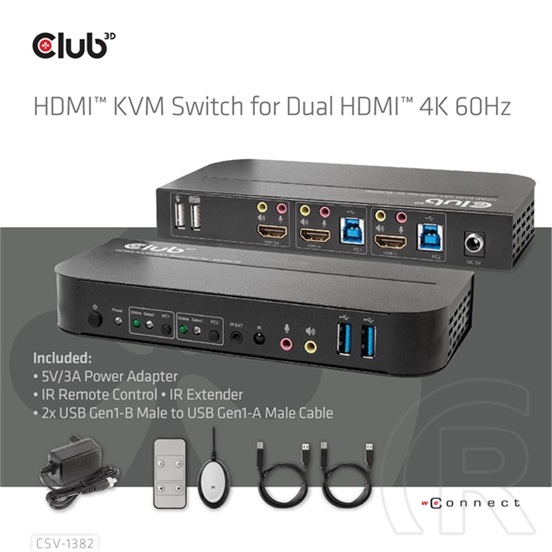 Club3D 2x1 KVM switch CSV-1382, HDMI + USB, 4k@60Hz