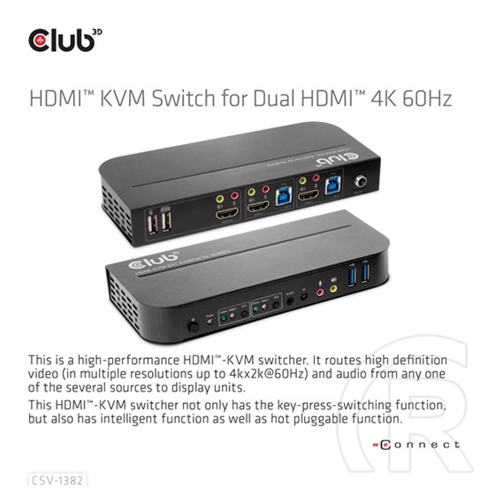 Club3D 2x1 KVM switch CSV-1382, HDMI + USB, 4k@60Hz
