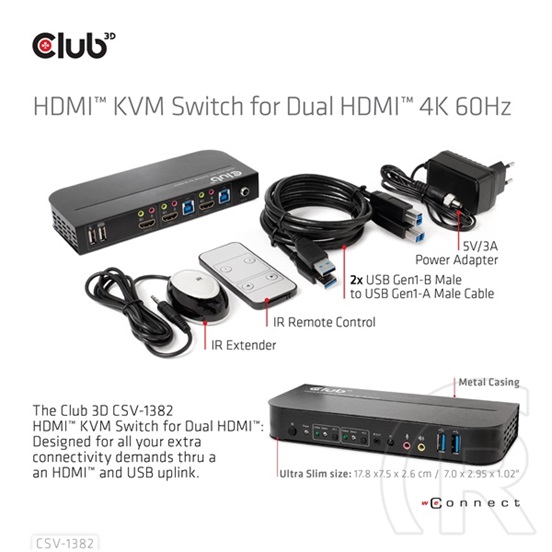 Club3D 2x1 KVM switch CSV-1382, HDMI + USB, 4k@60Hz