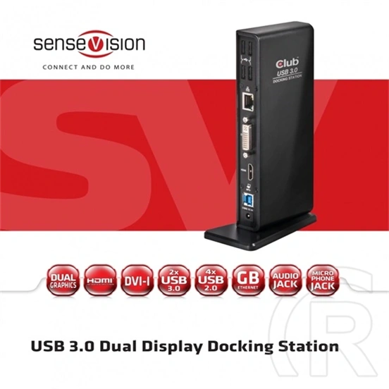 Club3D CSV-3242HD USB Gen1 dupla kijelzős dokkoló (HDMI, DVI-I, 4×USB2.0, 2×USB Gen1 Type-A, USB Type-B bemenet, RJ45 Gi