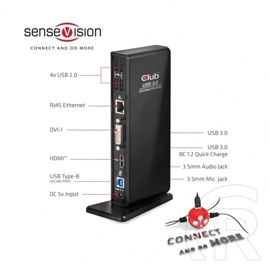 Club3D CSV-3242HD USB Gen1 dupla kijelzős dokkoló (HDMI, DVI-I, 4×USB2.0, 2×USB Gen1 Type-A, USB Type-B bemenet, RJ45 Gi