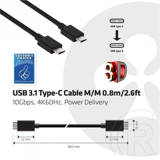 Club3D USB Type-C Gen 2 aktív kábel 1 m (fekete, USB-C - USB-C, 10Gbps, 4K60Hz, PD 100W)