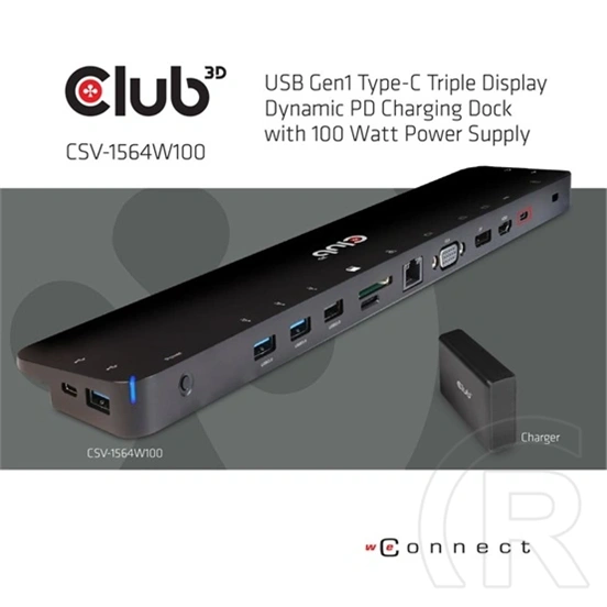 Club3D USB Type-C dokkoló (3× USB-C 3.2 Gen1, 4× USB-A, HDMI, DisplayPort, VGA, microSD/SD, Gigabit LAN, 3,5 mm jack, PD