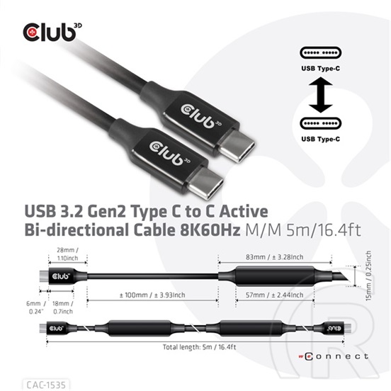 Club 3D Kábel  (3.2 USB-C Gen 2 to 3.2 USB-C Gen 2, 60W PD, 8K60Hz, M/M, 5m)