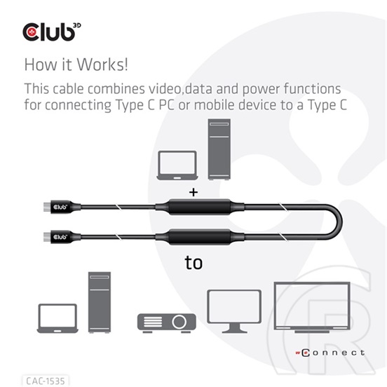 Club 3D Kábel  (3.2 USB-C Gen 2 to 3.2 USB-C Gen 2, 60W PD, 8K60Hz, M/M, 5m)