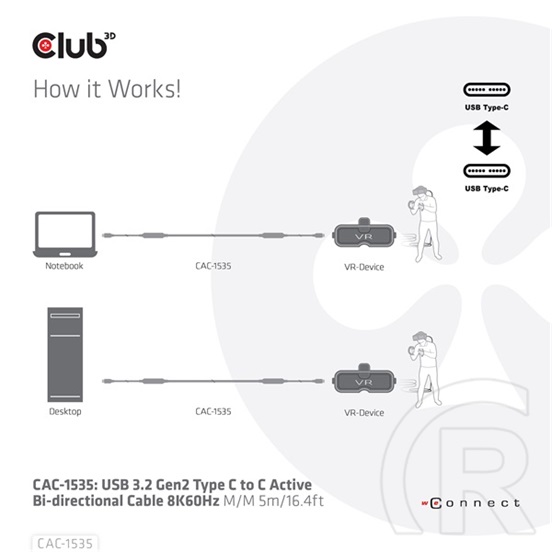 Club 3D Kábel  (3.2 USB-C Gen 2 to 3.2 USB-C Gen 2, 60W PD, 8K60Hz, M/M, 5m)