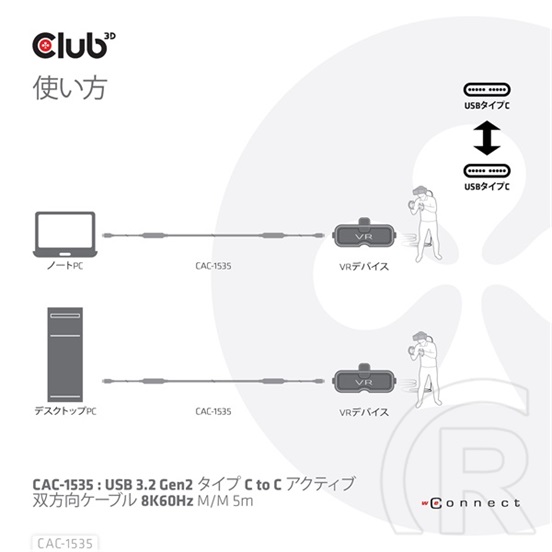 Club 3D Kábel  (3.2 USB-C Gen 2 to 3.2 USB-C Gen 2, 60W PD, 8K60Hz, M/M, 5m)