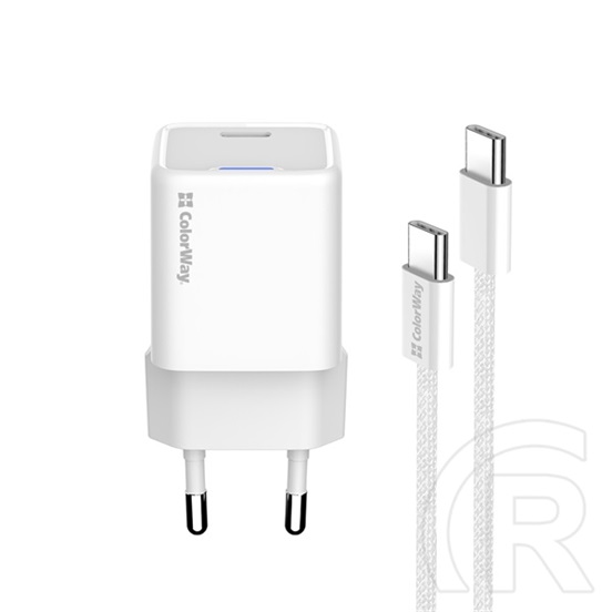 ColorWay AC töltő GaN Mini 25W (PD, PPS, USB-C, Type-C kábel, CW-CHS052PDC-WT, fehér)