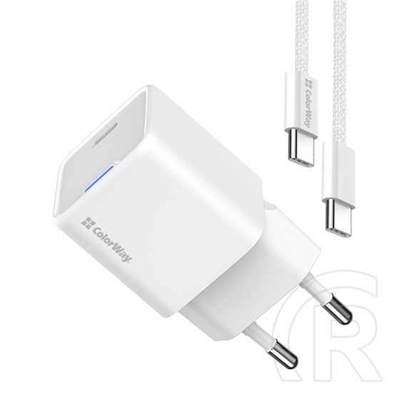 ColorWay AC töltő GaN Mini 25W (PD, PPS, USB-C, Type-C kábel, CW-CHS052PDC-WT, fehér)
