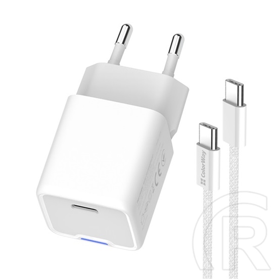 ColorWay AC töltő GaN Mini 25W (PD, PPS, USB-C, Type-C kábel, CW-CHS052PDC-WT, fehér)