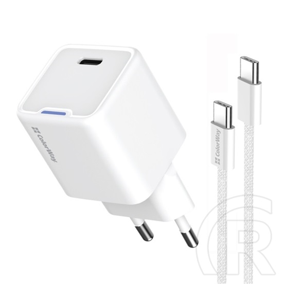 ColorWay AC töltő GaN Mini 25W (PD, PPS, USB-C, Type-C kábel, CW-CHS052PDC-WT, fehér)