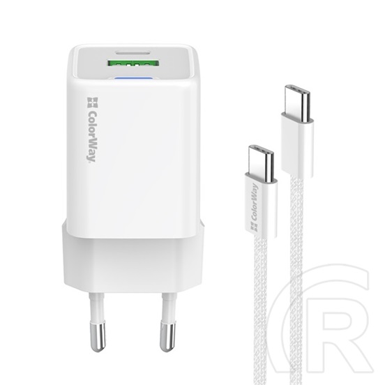 ColorWay AC töltő GaN Mini 30W (Type-C PD + USB A, PD 3.0, PPS, QC4.0, Type-C kábel, CW-CHS053PDC-WT, fehér)