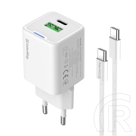 ColorWay AC töltő GaN Mini 30W (Type-C PD + USB A, PD 3.0, PPS, QC4.0, Type-C kábel, CW-CHS053PDC-WT, fehér)