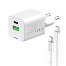 ColorWay AC töltő GaN Mini 30W (Type-C PD + USB A, PD 3.0, PPS, QC4.0, Type-C kábel, CW-CHS053PDC-WT, fehér)