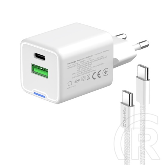 ColorWay AC töltő GaN Mini 30W (Type-C PD + USB A, PD 3.0, PPS, QC4.0, Type-C kábel, CW-CHS053PDC-WT, fehér)