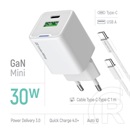 ColorWay AC töltő GaN Mini 30W (Type-C PD + USB A, PD 3.0, PPS, QC4.0, Type-C kábel, CW-CHS053PDC-WT, fehér)