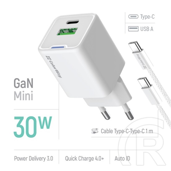 ColorWay AC töltő GaN Mini 30W (Type-C PD + USB A, PD 3.0, PPS, QC4.0, Type-C kábel, CW-CHS053PDC-WT, fehér)