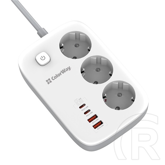 ColorWay CW-CHE34PDW túlfeszültségvédő elosztó (kapcsolóval, 3 aljzat, 4 USB: 2 USB-A, 2 USB-C, 2 m, 65W, fekete)