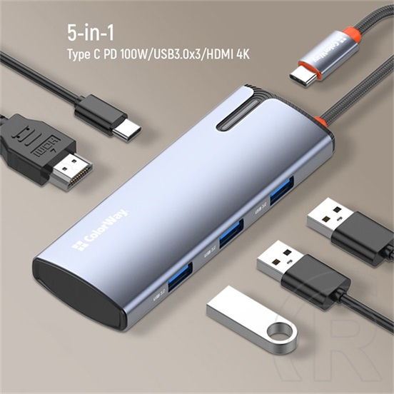 ColorWay CW-HUB01 USB-C 5 az 1-ben dokkoló (HDMI 4K 30Hz, USB-C PD 100W, 3x USB A 3.0, sötétszürke)