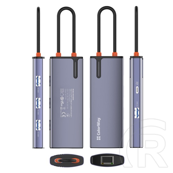 ColorWay CW-HUB03 USB-C dokkoló 6 az 1-ben (USB-C PD 100W, 3x USB 3.0, 1x USB 2.0, RJ45 Gigabit, sötétszürke)