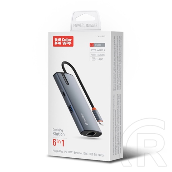 ColorWay CW-HUB03 USB-C dokkoló 6 az 1-ben (USB-C PD 100W, 3x USB 3.0, 1x USB 2.0, RJ45 Gigabit, sötétszürke)