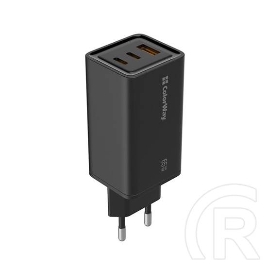 ColorWay GaN3 Pro Power Delivery töltő (65W, USB-A + 2× USB Type-C, PD 3.0, fekete)