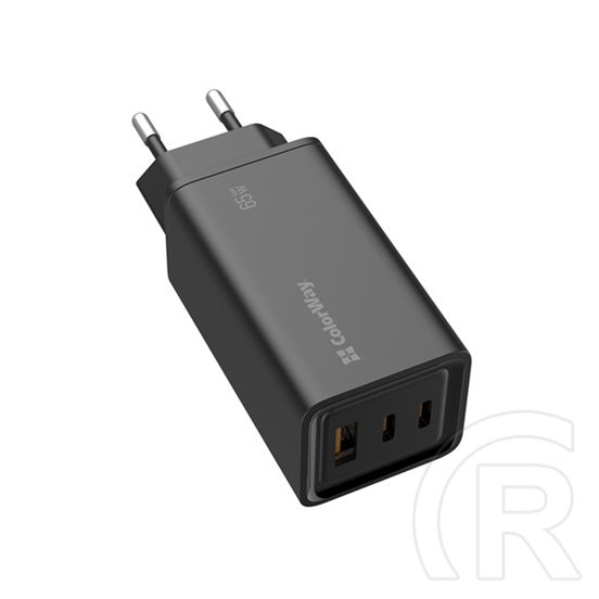 ColorWay GaN3 Pro Power Delivery töltő (65W, USB-A + 2× USB Type-C, PD 3.0, fekete)