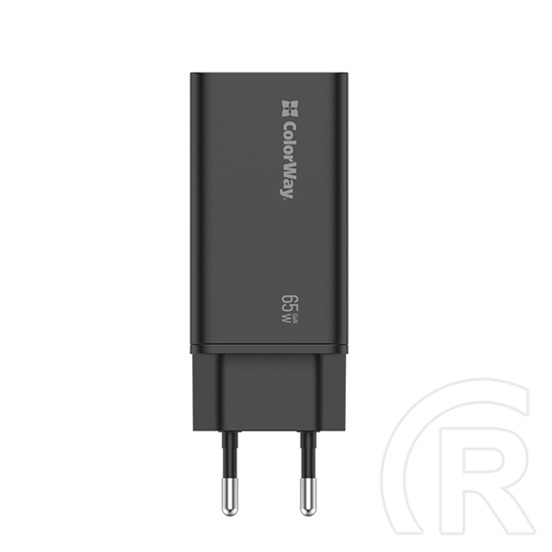 ColorWay GaN3 Pro Power Delivery töltő (65W, USB-A + 2× USB Type-C, PD 3.0, fekete)