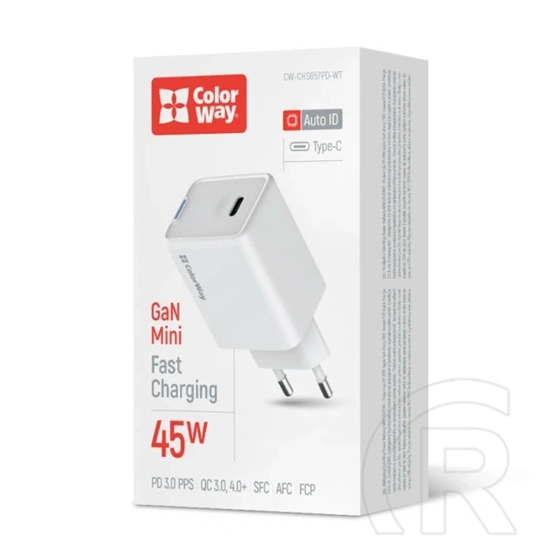 ColorWay GaN Mini AC töltő (45W, PD, PPS, 1x USB-C, fehér)