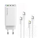 ColorWay GaN Mini AC töltő 65W (2x USB-C, 1x USB-A, PD/PPS, Type-C és Lightning kábel, fehér)