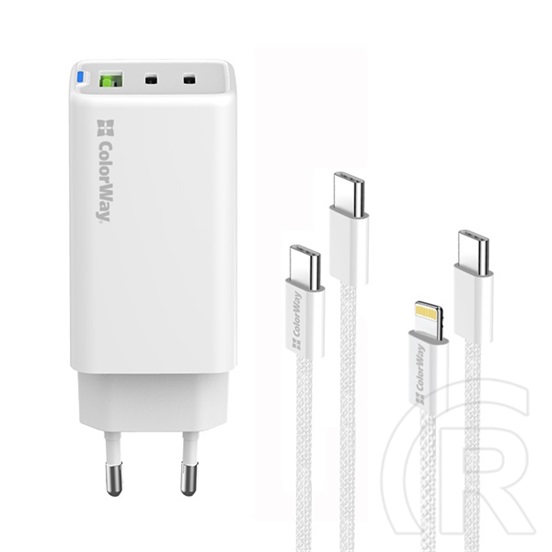 ColorWay GaN Mini AC töltő 65W (2x USB-C, 1x USB-A, PD/PPS, Type-C és Lightning kábel, fehér)