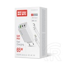 ColorWay GaN Mini AC töltő 65W (2x USB-C, 1x USB-A, PD/PPS, Type-C és Lightning kábel, fehér)