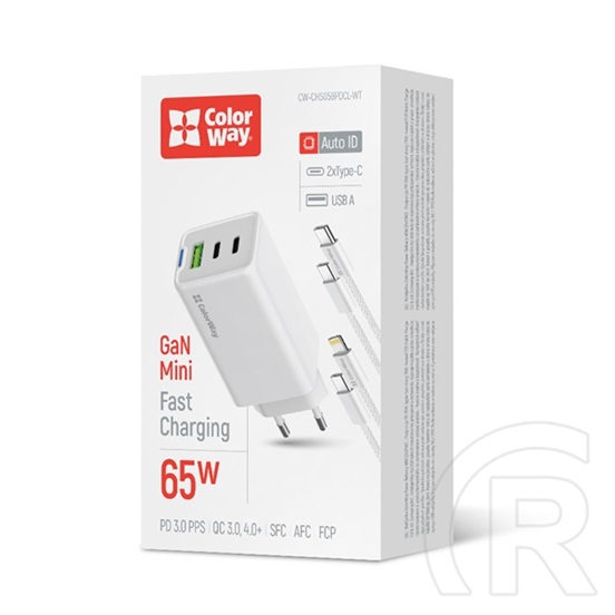 ColorWay GaN Mini AC töltő 65W (2x USB-C, 1x USB-A, PD/PPS, Type-C és Lightning kábel, fehér)