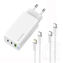 ColorWay GaN Mini AC töltő 65W (2x USB-C, 1x USB-A, PD/PPS, Type-C és Lightning kábel, fehér)