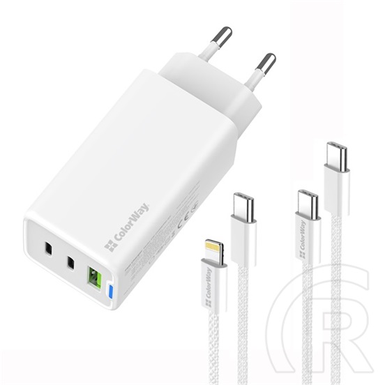 ColorWay GaN Mini AC töltő 65W (2x USB-C, 1x USB-A, PD/PPS, Type-C és Lightning kábel, fehér)