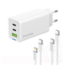 ColorWay GaN Mini AC töltő 65W (2x USB-C, 1x USB-A, PD/PPS, Type-C és Lightning kábel, fehér)