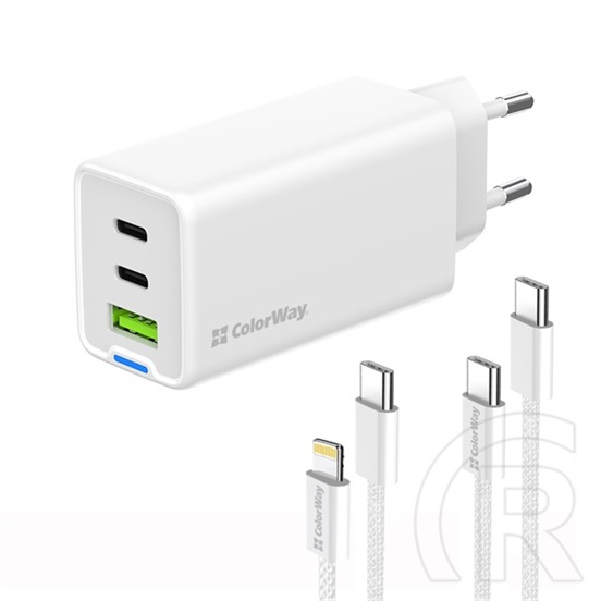 ColorWay GaN Mini AC töltő 65W (2x USB-C, 1x USB-A, PD/PPS, Type-C és Lightning kábel, fehér)