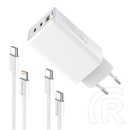 ColorWay GaN Mini AC töltő 65W (2x USB-C, 1x USB-A, PD/PPS, Type-C és Lightning kábel, fehér)