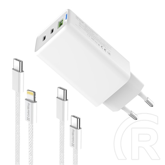 ColorWay GaN Mini AC töltő 65W (2x USB-C, 1x USB-A, PD/PPS, Type-C és Lightning kábel, fehér)