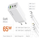 ColorWay GaN Mini AC töltő 65W (2x USB-C, 1x USB-A, PD/PPS, Type-C és Lightning kábel, fehér)
