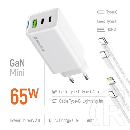 ColorWay GaN Mini AC töltő 65W (2x USB-C, 1x USB-A, PD/PPS, Type-C és Lightning kábel, fehér)