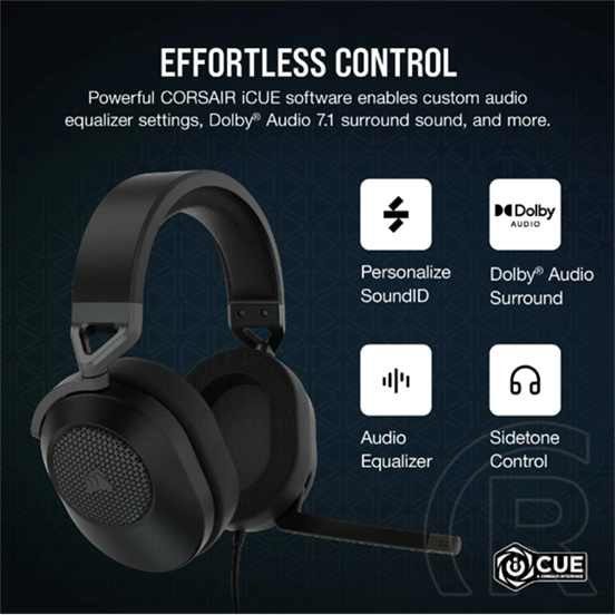 Corsair HS65 Surround vezetékes mikrofonos fejhallgató (Dolby Audio, jack 3,5mm/USB, 50mm, 1,8m kábel, fekete)