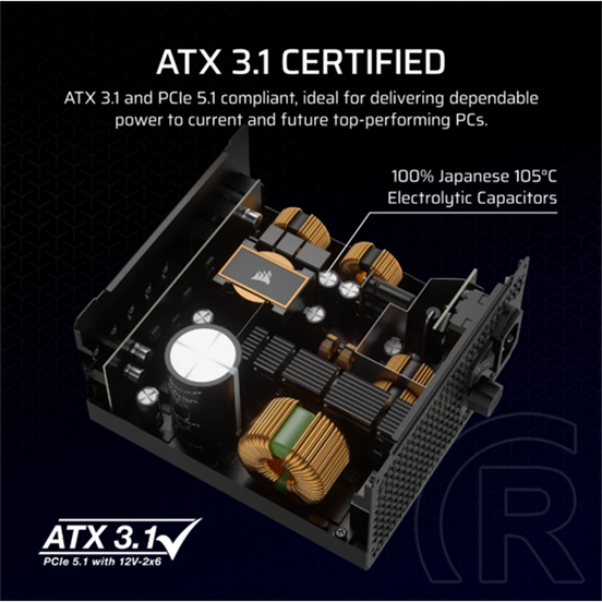 Corsair RM1000x tápegység (1000 W, 80+ Gold, moduláris, ATX 3.1, 14 cm ventilátor)