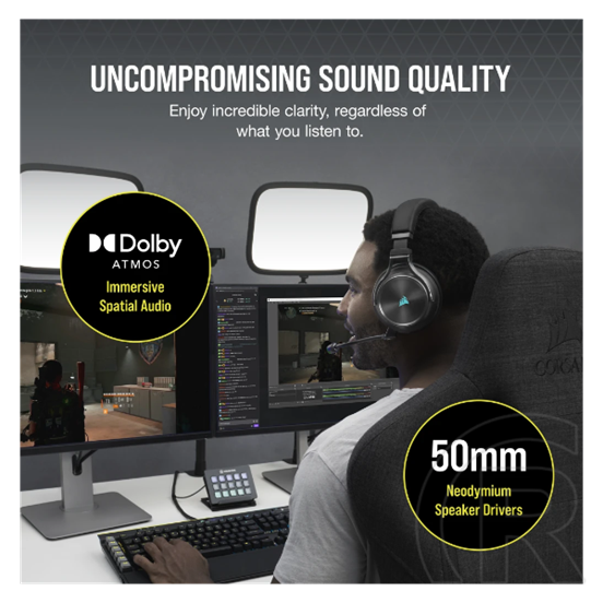 Corsair Virtuoso Wireless XT vezeték nélküli headset (Dolby Atmos, RGB világítás, mikrofon, 50 mm meghajtó, 15 óra üzemi