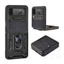 Defender műanyag védő (közepesen ütésálló, Samsung Galaxy Z Flip3 5G (SM-F711) szilikon belső, telefontartó gyűrű)fekete