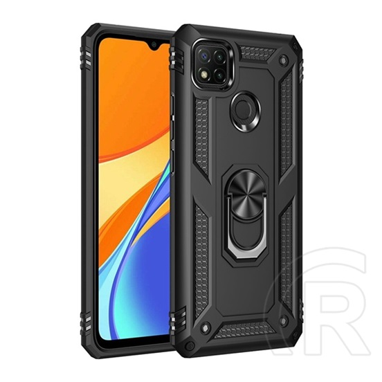 Defender műanyag védő (közepesen ütésálló, Xiaomi Redmi 9C szilikon belső, telefontartó gyűrű, beépített fémlemez)fekete
