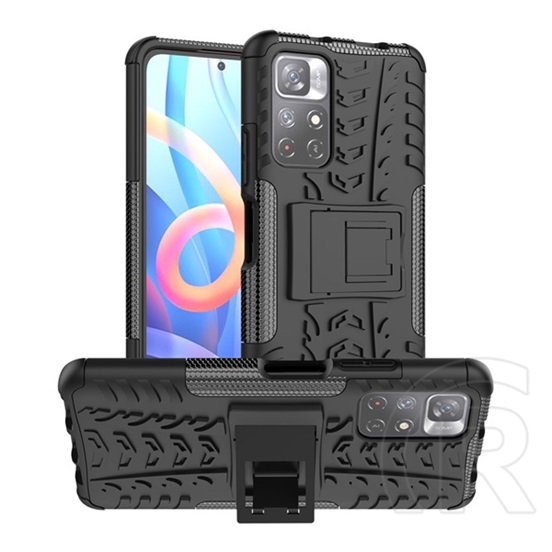 Defender műanyag védő (közepesen ütésálló, Xiaomi Redmi Note 11T 5G szilikon belső, kitámasztó, autógumi minta) fekete